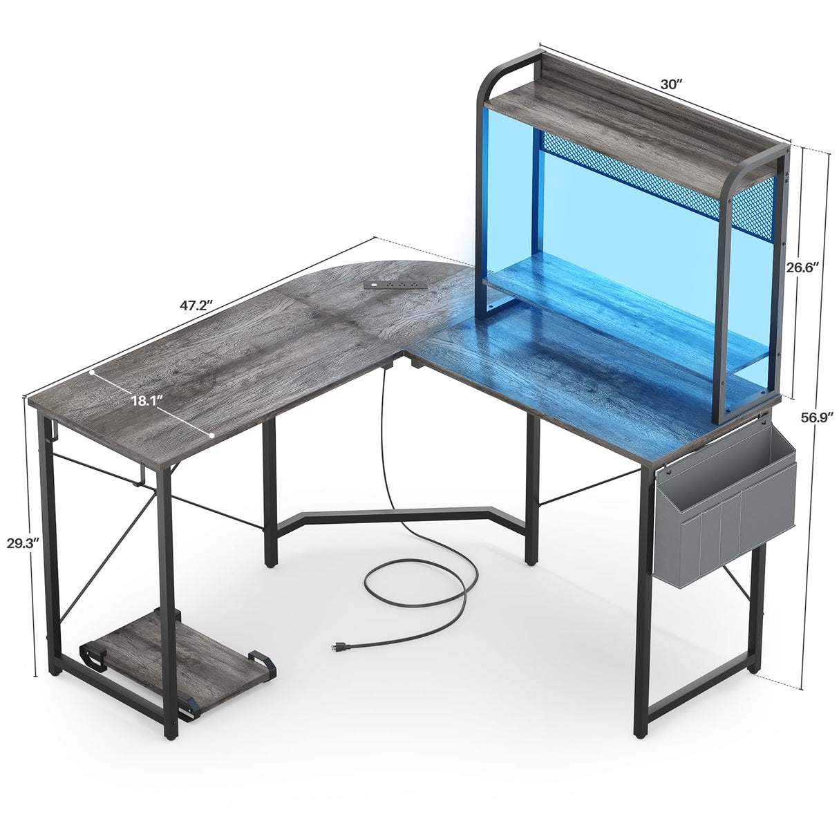 Small L Shaped Gaming Desk with Power Outlets, Corner Gaming Desk with LED Light, Reversible L-Shaped Desk with Monitor Stand & Hutch, L Shaped Desk Home Office Desk with Storage Bag, Grey Besiost
