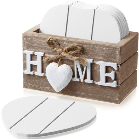 Wooden Heart Coasters for Drinks Set of 6 Funny Farmhouse Coasters with Holder for Coffee Table Protection Housewarming Gifts for New Home Decoration, 4 Inch(Home,Brown) Patelai