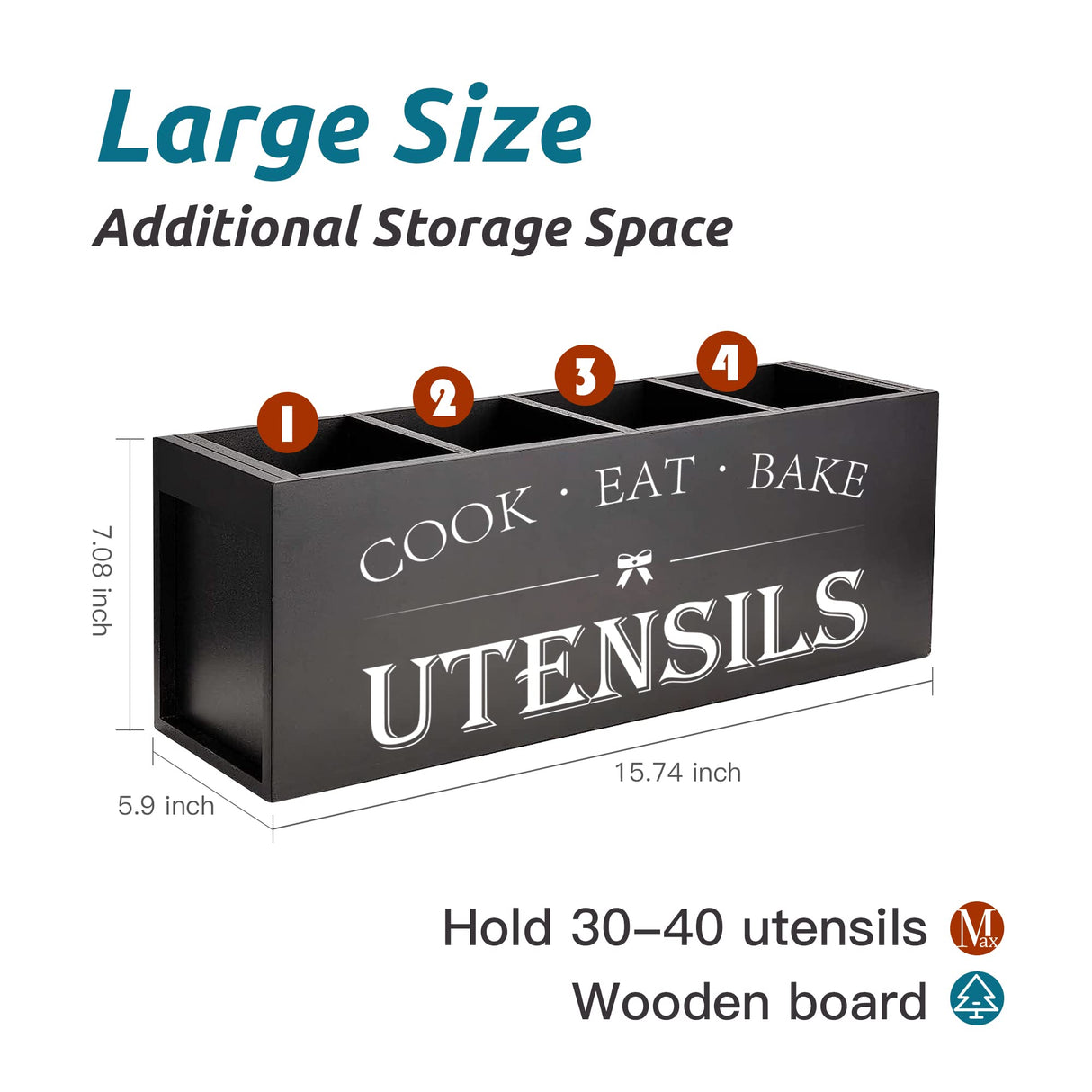 Suli Extra Large Kitchen Utensils Holder with 4 Compartments, Wooden Utensil Organizer for Kitchen Countertop, Farmhouse Kitchen Decor, Rustic Cooking Utensil - Black Suli