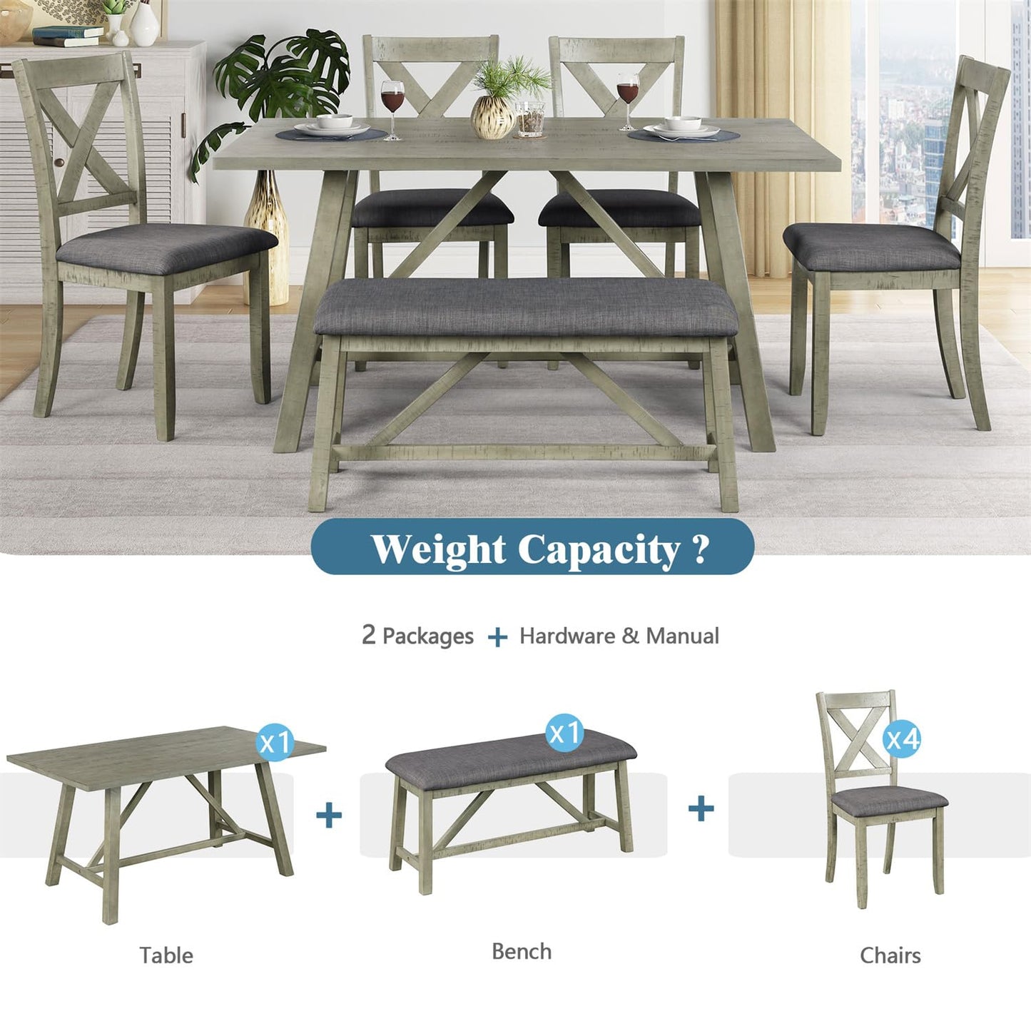 Harper & Bright Designs 6Pcs Dining Table Set with 4 Upholstered Chairs and Bench, Solid Wood Dining Set for Kichen, Dining Room, Rustic Gray+Gray Cushion