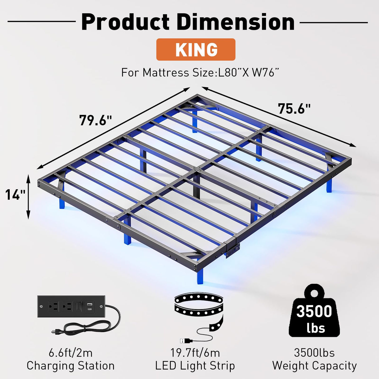 AGXI Floating Bed Frame with LED Lights and Charging Station, 14 Inch King Size Floating BedFrame - Modern King Size Bed Frame Easy Assembly No Box Spring Needed AGXI
