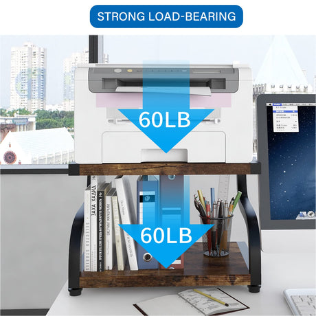 PUNCIA 2 Tiers Small Retro Wood Home Office Desktop Printer Stand Laser Printer Copier Stand with Storage Rustic Tabletop Heavy Duty Organizer Rack Shelf Desk Dual for Small Space Double Tiers Tray PUNCIA