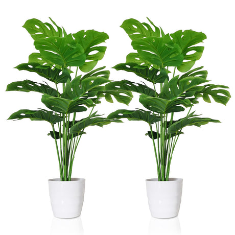 SAJANDAS Set of 2 Artificial Monstera Deliciosa Plants in Pots, Fake Tropical Palm Tree with Greenery Leaves Stems, 28 Inch Artificial Cheese Plant for Home Bathroom, Office, Windowsill Decor SAJANDAS