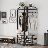 GiftGo Grey Corner Hall Tree with Shoe Bench Entryway Coat Rack with 10 Metal Movable Hooks Rustic Farmhouse Floorstanding Clothes Rack Shoes Shelf Organizer for Home Office Bedroom (Greige) GiftGo