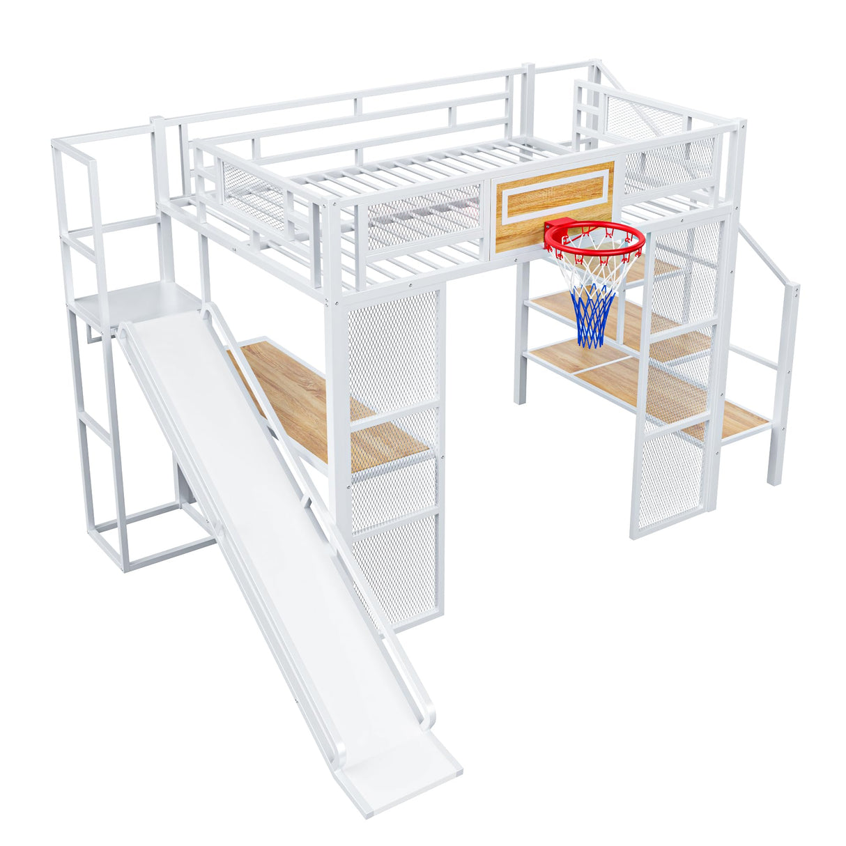 Full Size Loft Bed with Slide and Staircase, Metal Loft Bed Frame with Desk and Basketball Hoop, Loft Full Bed for Boys Teens, White RuiSiSi