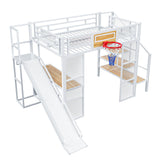 Full Size Loft Bed with Slide and Staircase, Metal Loft Bed Frame with Desk and Basketball Hoop, Loft Full Bed for Boys Teens, White RuiSiSi