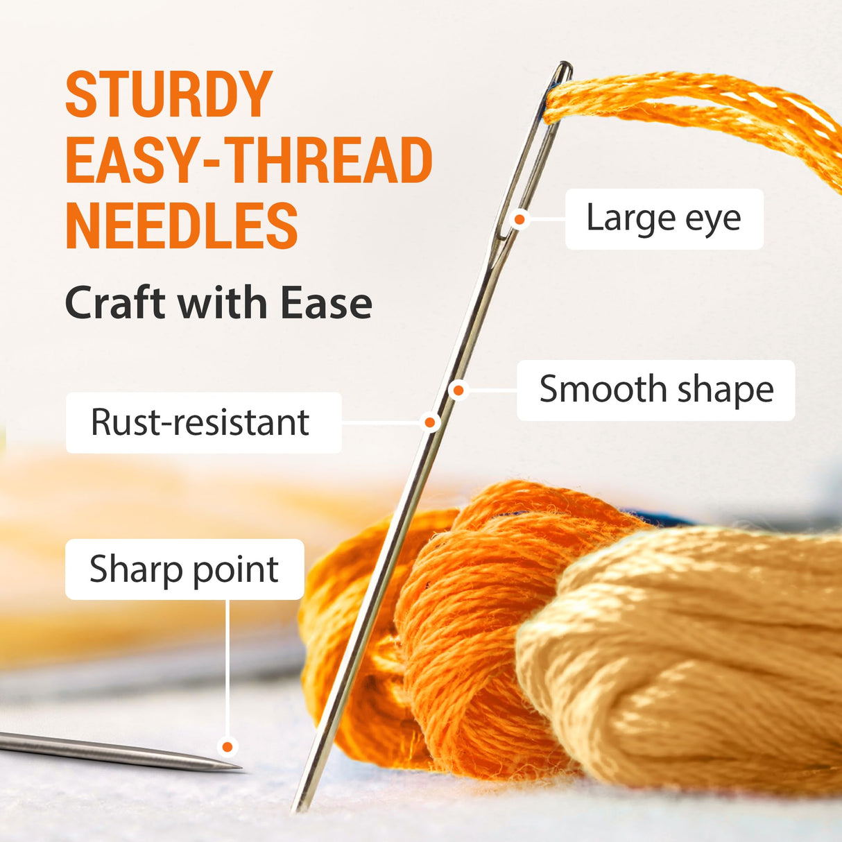 VONEEDL 50 Large Eye Heavy Duty Needles - 5 Sizes Easy to Thread Sharp Point Needles Perfect for Hand Sewing, Knitting, Crewel Darning, Crafting, and DIY VONEEDL