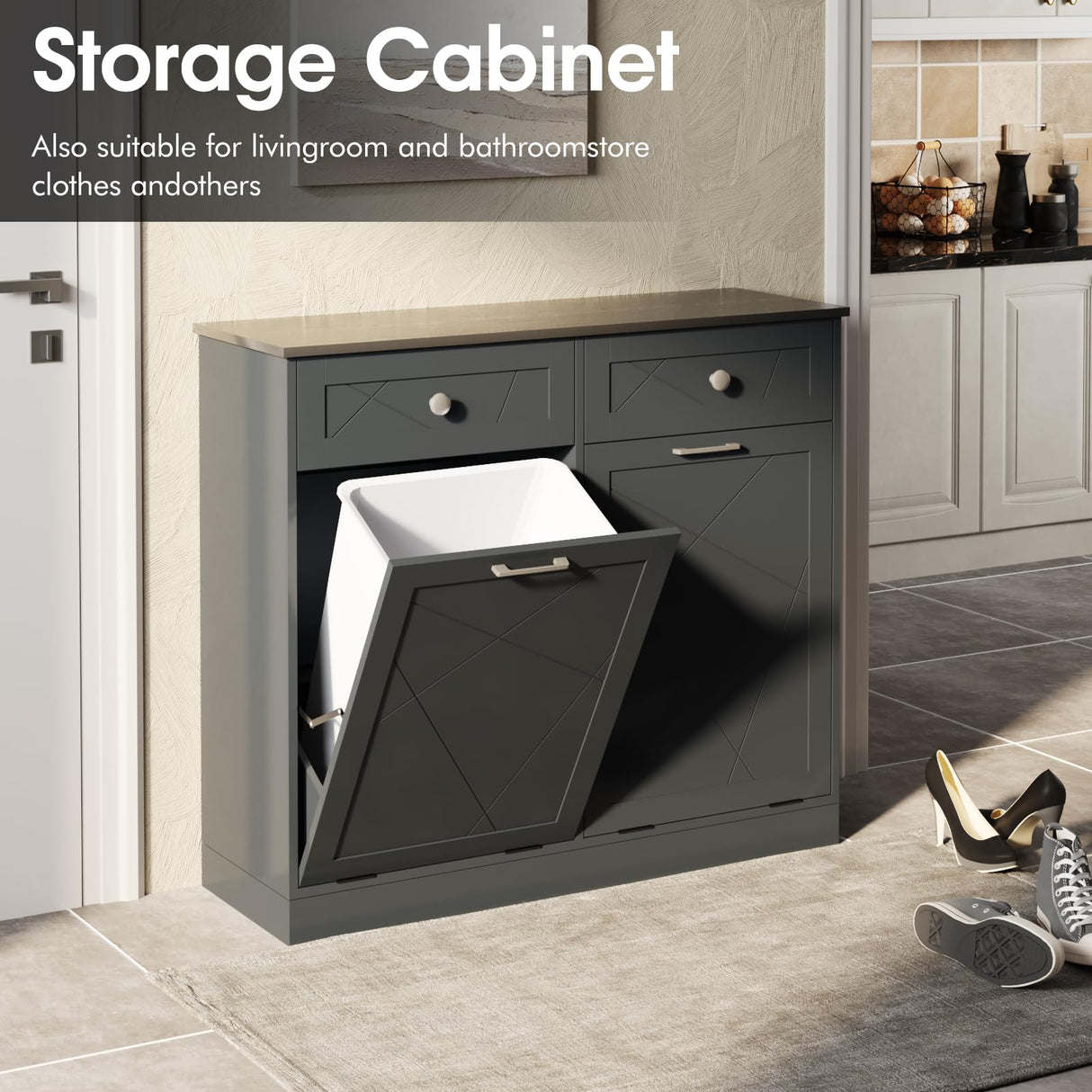 Trash Cabinet Double Tit Out Trash Bin, Dog Proof Hideaway Tilt Out Double Trash Can Holder with Two Drawers, Free Standing Recycling Cabinet for Kitchen Living Room White Double Door Black Halitaa