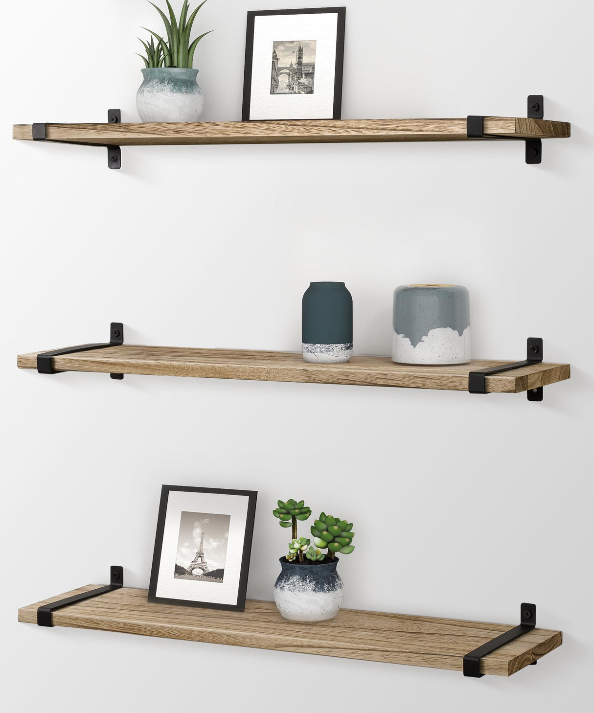 Gronda Floating Shelves Natural Wood Set of 3, 24 Inch Rustic Solid Wood Shelf Wall Mounted Farmhouse Decor Shelves for Bathroom Living Room Bedroom Kitchen Gronda