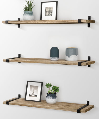 Gronda Floating Shelves Natural Wood Set of 3, 24 Inch Rustic Solid Wood Shelf Wall Mounted Farmhouse Decor Shelves for Bathroom Living Room Bedroom Kitchen