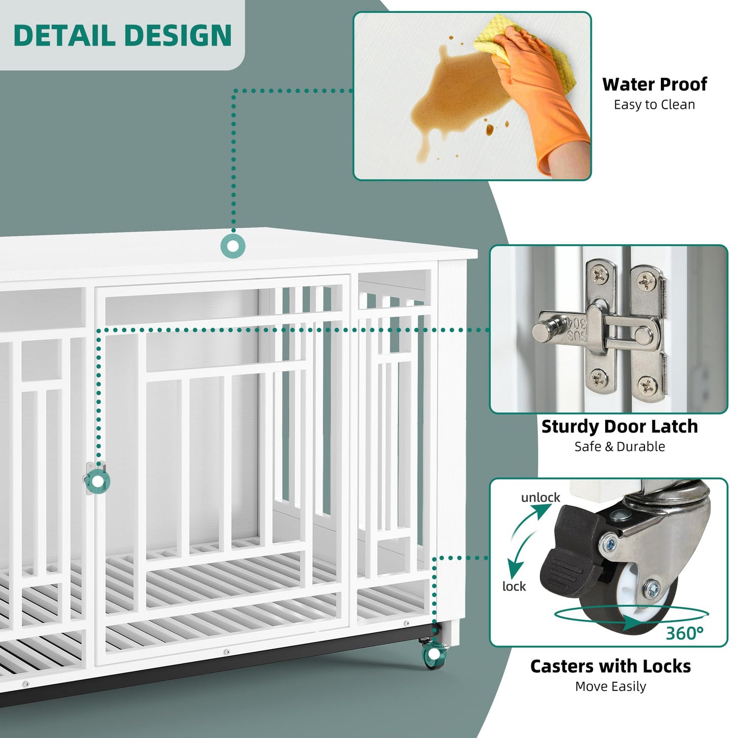 YITAHOME Dog Crate Furniture, 38.2" Heavy Duty Dog Cage, Wooden Side End Table with Wheels, Chew-Resistant Metal Dog Kennel with Removable Tray, Dog House Indoor for Small Medium Dogs, White - WoodArtSupply