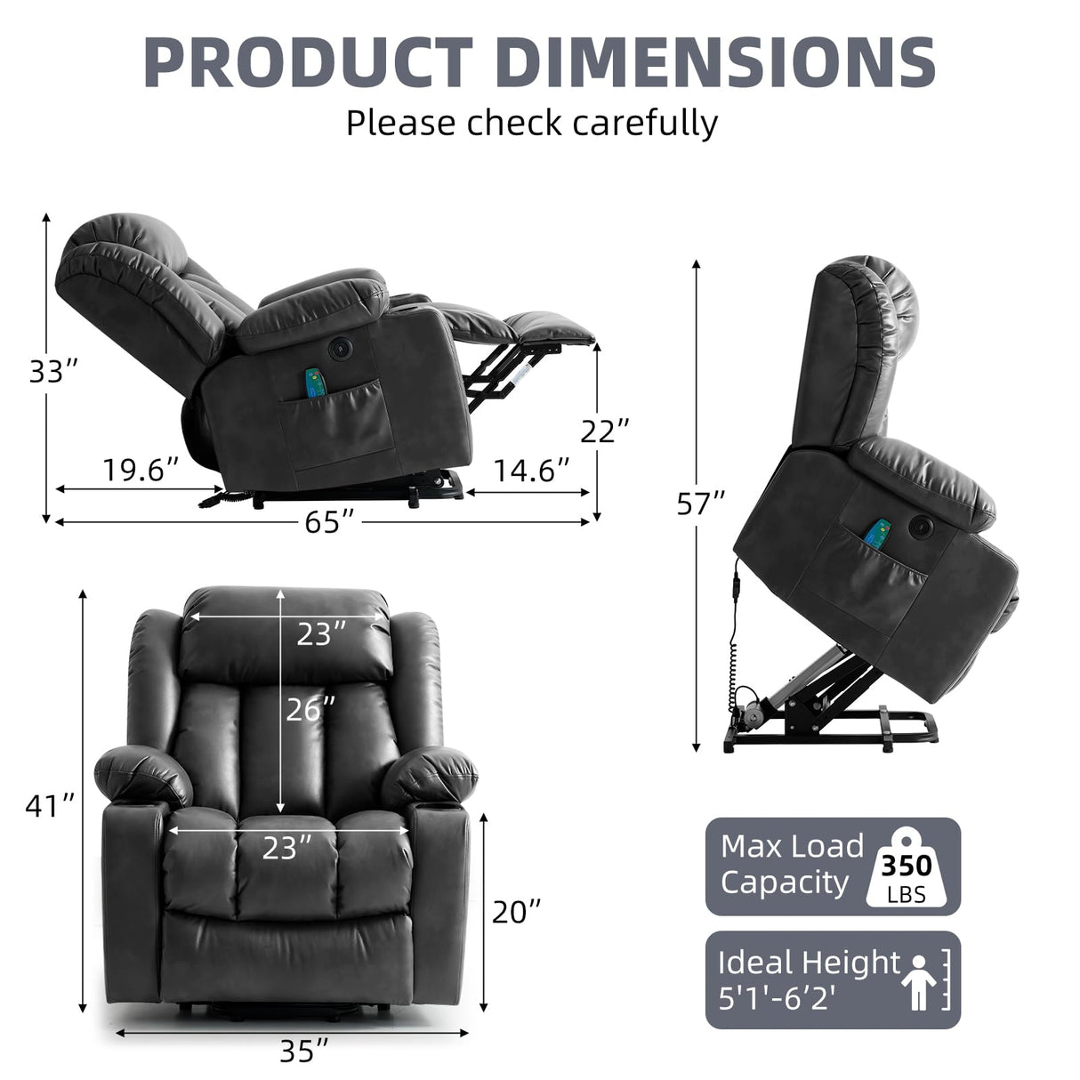 RESTREAL Power Lift Recliner Chair for Elderly, Electric Recliner Chairs for Adults with Massage and Heat, Cup Holders, Remote Control, USB Ports, Side Pockets, Leather (Black) RESTREAL