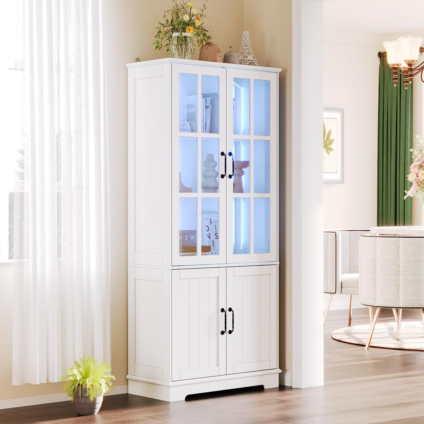 AMERLIFE 71" Tall Storage Cabinet with LED Lights, 5 Tier Large Modern Wood Kitchen Pantry with Acrylic Glass Doors & Shelves, Display Cabinet for Living room, Dining room, Bathroom, 4 Doors White