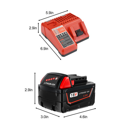 WORTHMAH 2 Pack 5.0Ah 18V Replacement Batteries and Charger Replacement for Milwaukee M18 Lithium Ion Battery Compatible with Milwaukee 48-11-1815 48-11-1820 48-11-1828 Cordless Power Tools - WoodArtSupply