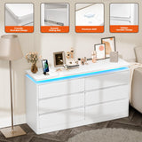 Gyfimoie 6 Drawer White Dresser for Bedroom, 47.2" Long Chest of Drawers with Charging Station & LED Lights, Double Wooden Storage Cabinet Dresser for Closet,Modern TV Stand with Deep Drawers Gyfimoie