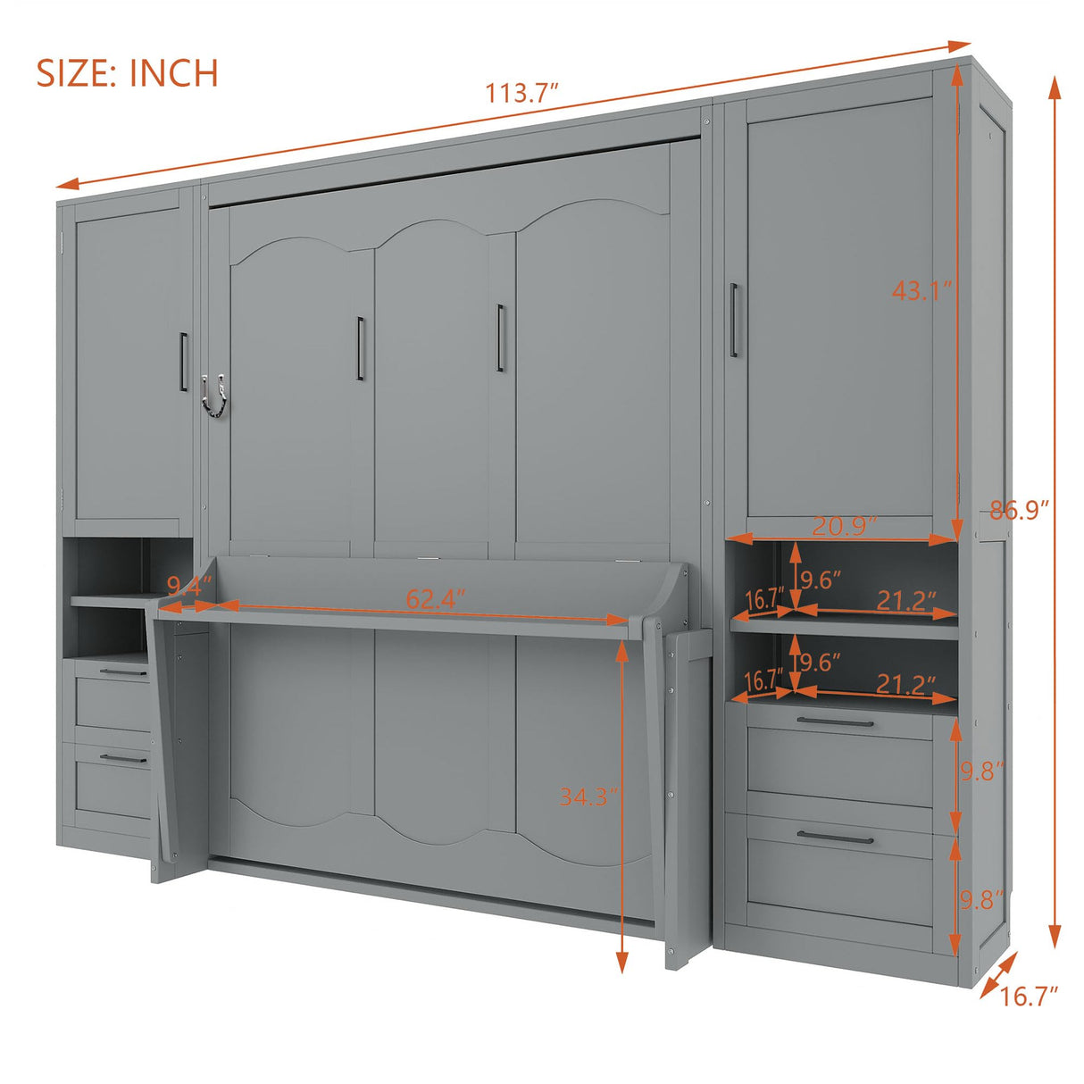 Queen Size Murphy Bed Wall Bed with Desk and Closet,Drawers and Shelves,for Small Spaces Studio Study Office Guest Room Use (Gray#Desk, Queen) Brabrety