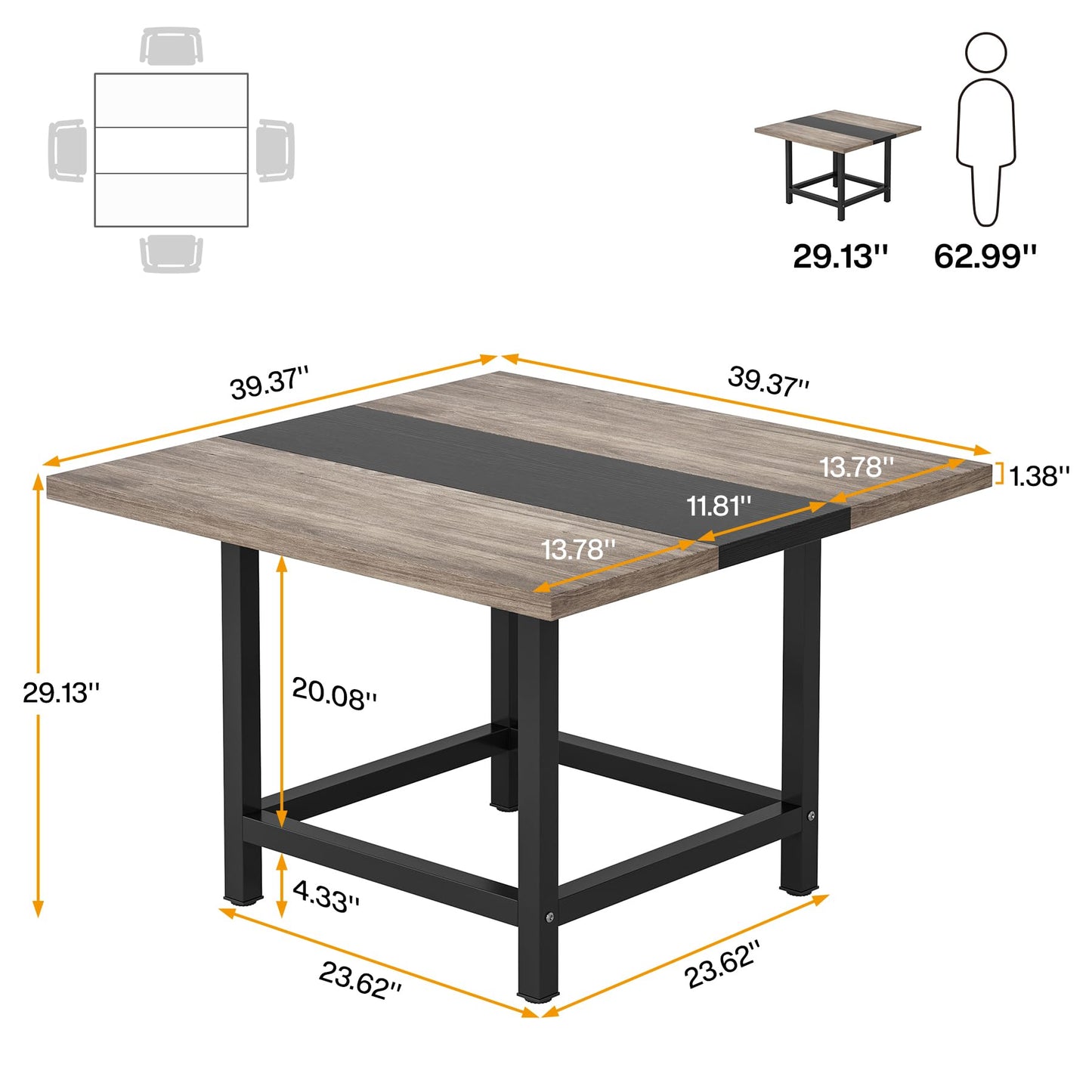 Tribesigns Square Dining Table for 4 People, Farmhouse 39.4"x 39.4"x29.5 “ inches Wooden Kitchen Table,Industrial Dinning Table Patio Table for Backyard,Dinning Room &Small Space - WoodArtSupply