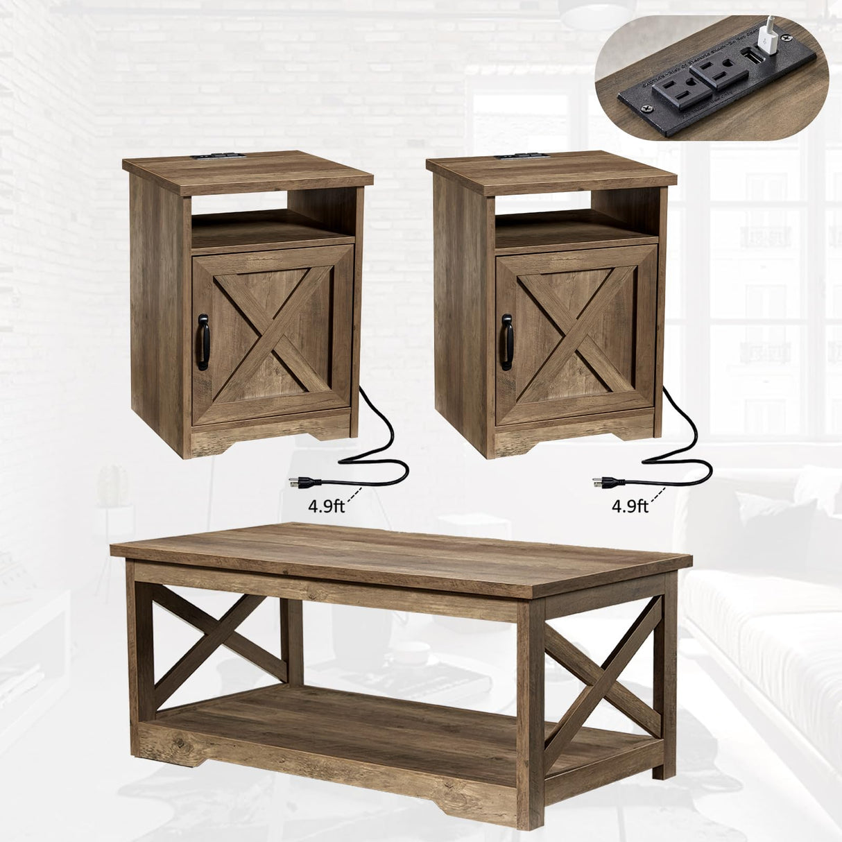 AMERLIFE 3-Piece Farmhouse Table Set Includes Coffee Table& Two End Tables, Side Table with Charging Station and USB Ports, for Living Room, Bedroom,Barnwood AMERLIFE
