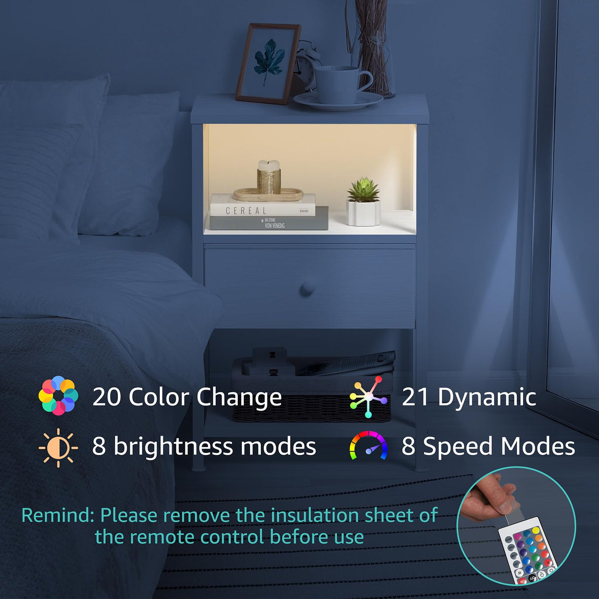 BOLUO White Nightstand with Charging Station, LED Night Stand with Fabric Drawers and Shelf, Bedside Table with USB Ports and Outlets, Bedroom Nightstand Modern BOLUO