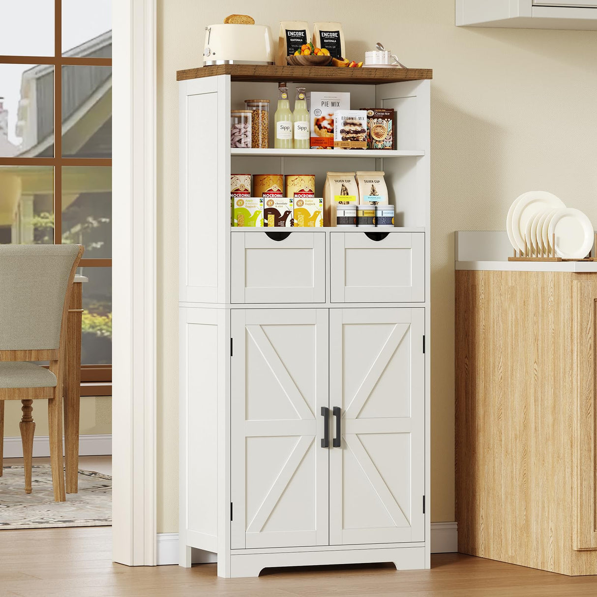 TEENFON Storage Cabinet with Doors & 2 Drawers, Kitchen Cabinet with Adjustable Shelf, Pantry Cabinets, Bathroom Cabinets, for Living Room, Entryway, Home Office, White TEENFON