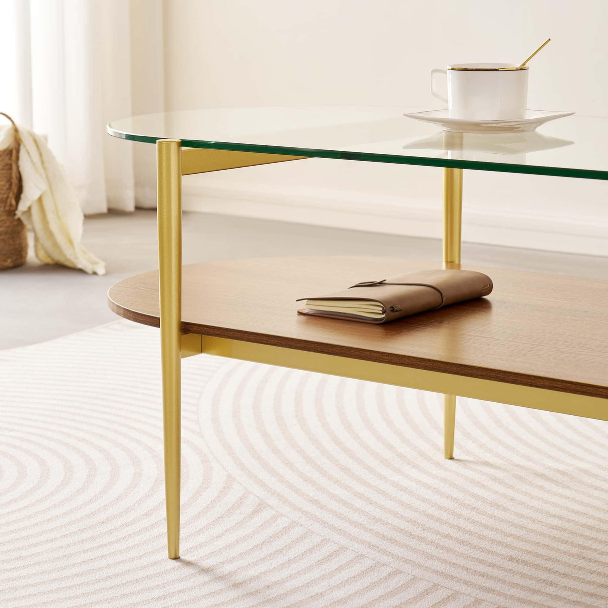 LumFurn Oval Glass Coffee Table, Mid-Century Modern Design, L41 x W21 x H17 inch, for Living Room, 2-Tier Structure, Clear Glass Top and Walnut Finish Wood Shelf, Conical Legs with Gold Finish Frame LumFurn
