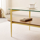 LumFurn Oval Glass Coffee Table, Mid-Century Modern Design, L41 x W21 x H17 inch, for Living Room, 2-Tier Structure, Clear Glass Top and Walnut Finish Wood Shelf, Conical Legs with Gold Finish Frame LumFurn
