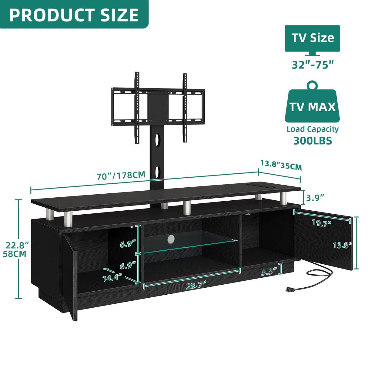 YITAHOME TV Stand with Mount for 75/70/65 inch TV, Entertainment Center with Storage, Modern LED TV Stand w/Power Outlets for Living Room, TV Console Media Cabinet, Black YITAHOME