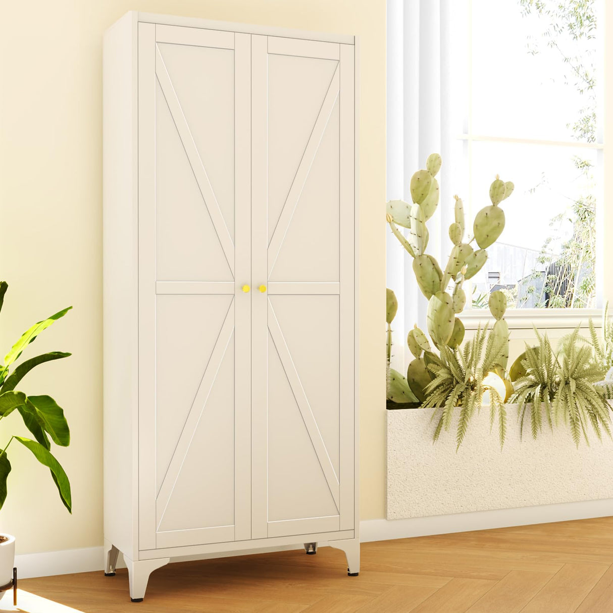 65" Tall Kitchen Cabinet,Food Pantry Cabinets with Doors and Adjustable Shelves,White Metal Storage Cabinets,Large and Portable Arganization Cabinet for Pantries Kitchen Living Room Bathroom Vaernevy