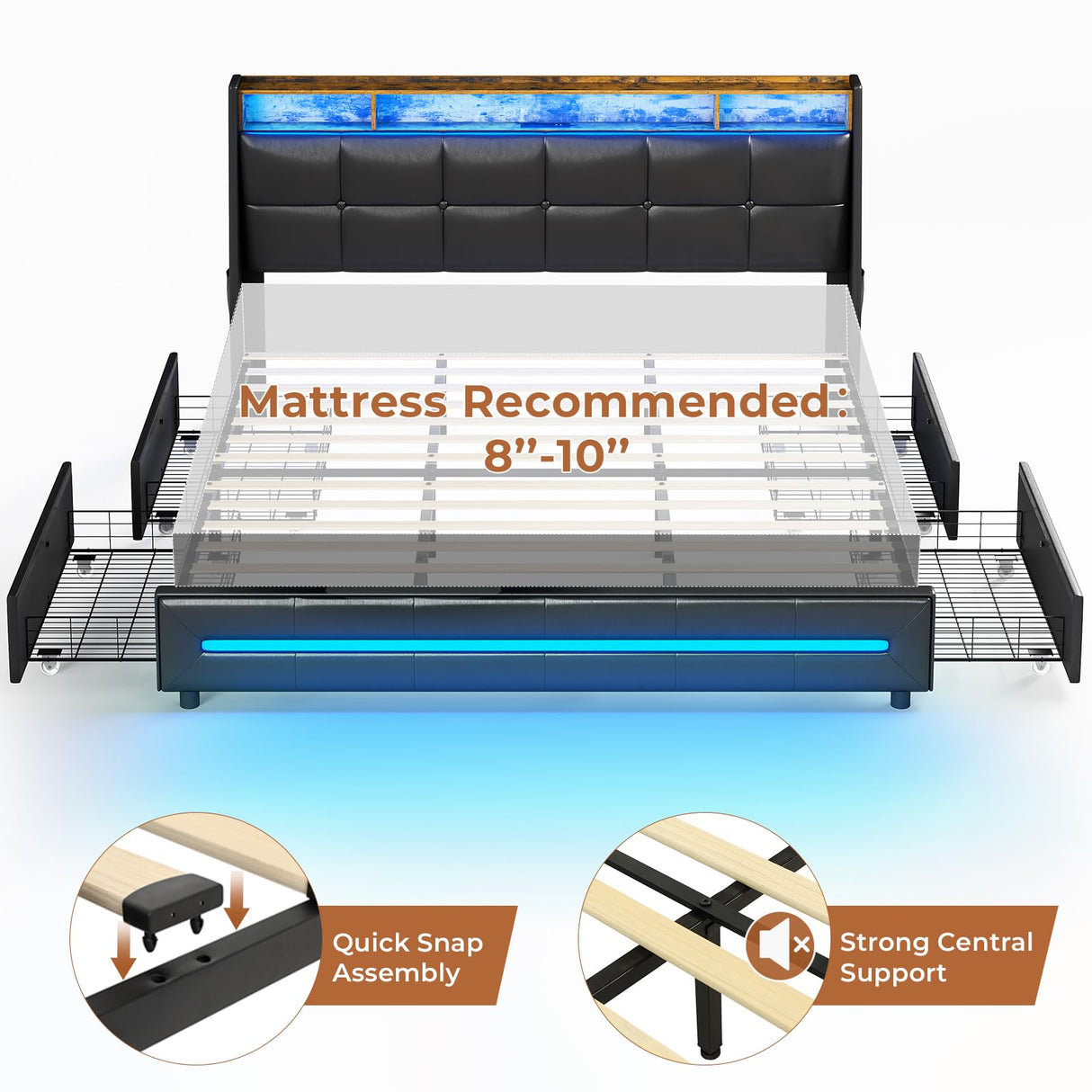 MSmask King Size Bed Frame with LED Lights, Storage Drawers, Charging Station & Wingback Headboard MSmask