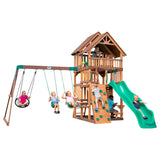 Backyard Discovery Highlander All Cedar Wooden Swing Set, 3 Levels, Step Ladder, Snack Bar with Bench, Sandbox, 2 Belt Swings, Web Swing, 10ft Wave Slide, Rock Wall, Backyard Discovery