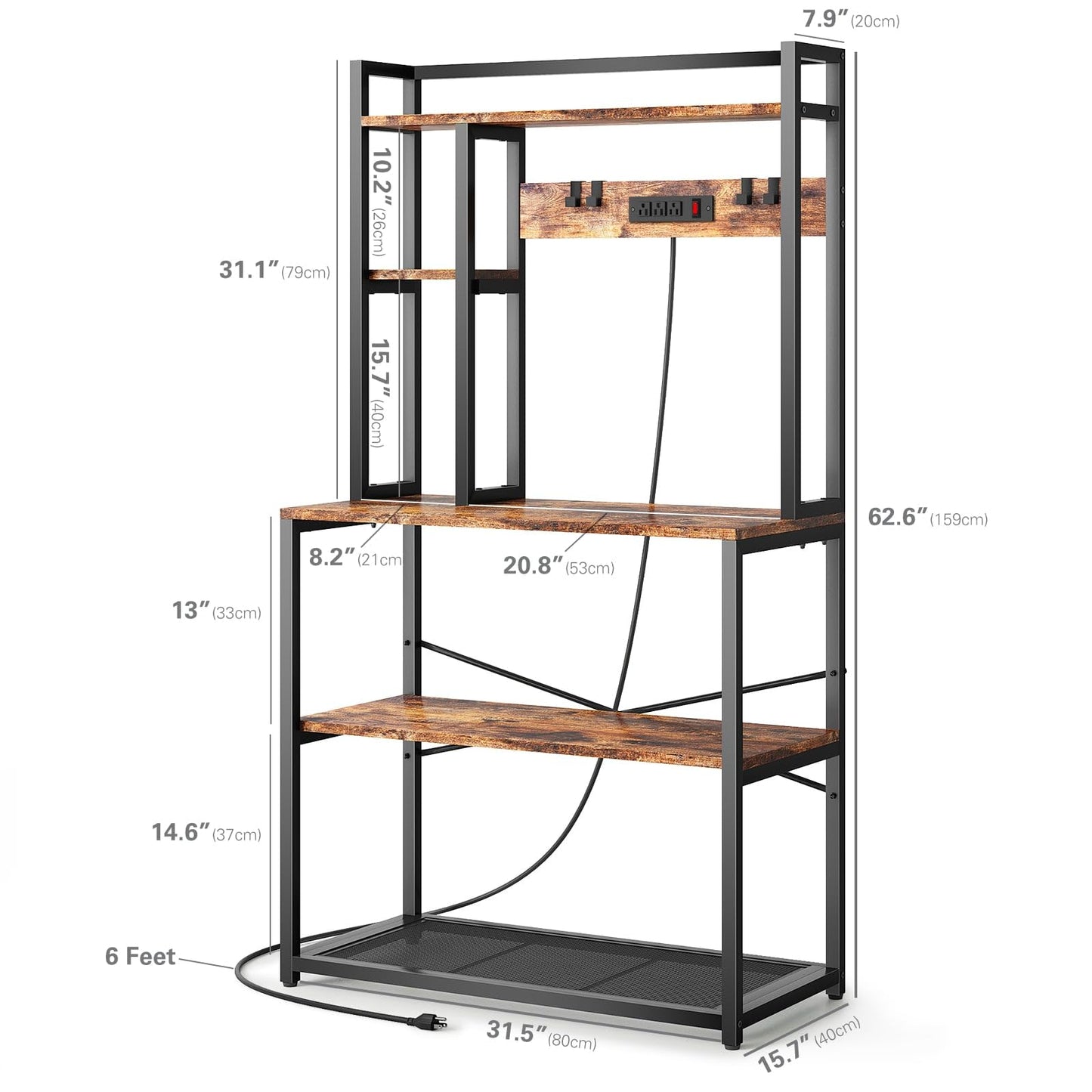 ciecie 31.5 Inch Bakers Rack with 3 Power Outlets, 5 Tiers Microwave Stand with Storage, Heavy Duty Kitchen Shelves with Plugs, Microwave Oven Stand, Kitchen Rack, Kitchen Stand, Coffee Bar