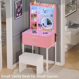 Besiost Small Vanity Desk with Hutch and Drawers, Pink Makeup Vanity Desk with Charging Station, Vanity Table Dressing Table with LED Lights, Vanity Desk No Mirror with Pegboard for Girls Women, 24" Besiost