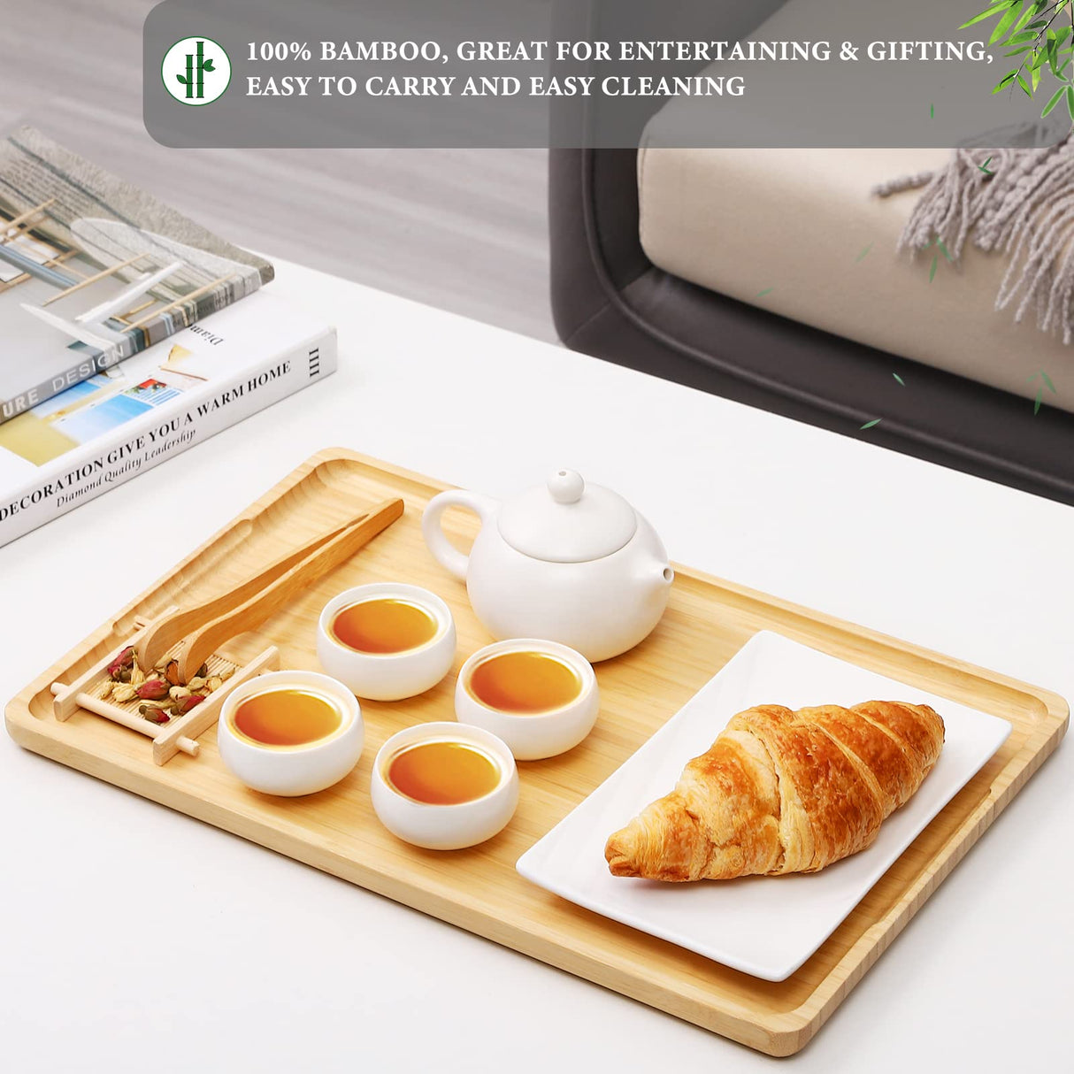 Webacoo Bamboo Serving Tray with Handles, Decorative Coffee Table Tray, Bamboo Platter for Breakfast in Bed, BBQ & Grilling Tray for Cooked & Raw Meat, 15 x 10 Inches WEBACOO