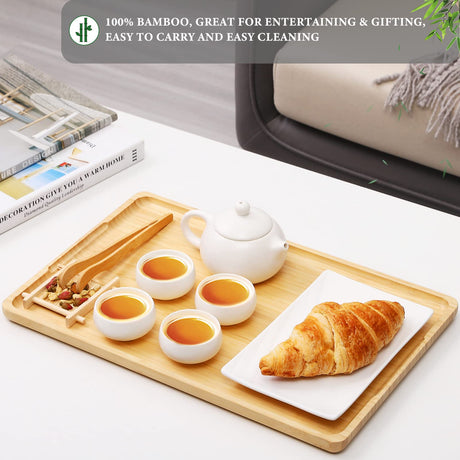 Webacoo Bamboo Serving Tray with Handles, Decorative Coffee Table Tray, Bamboo Platter for Breakfast in Bed, BBQ & Grilling Tray for Cooked & Raw Meat, 15 x 10 Inches WEBACOO