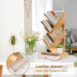 PERFECYEE 4 Tier Tree Bookshelf with Drawer, Small Bookcase, Desktop Bookshelf Floor Standing Bookcase Display for Living Room, Bedroom, Natural PERFECYEE