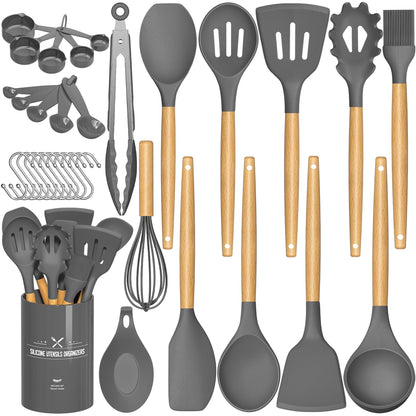 Umite Chef Kitchen Cooking Utensils Set, 33 pcs Non-stick Silicone Utensils Spatula Set with Holder, Wooden Handle Heat Resistant Silicone Kitchen Gadgets Utensil Set (Gray)