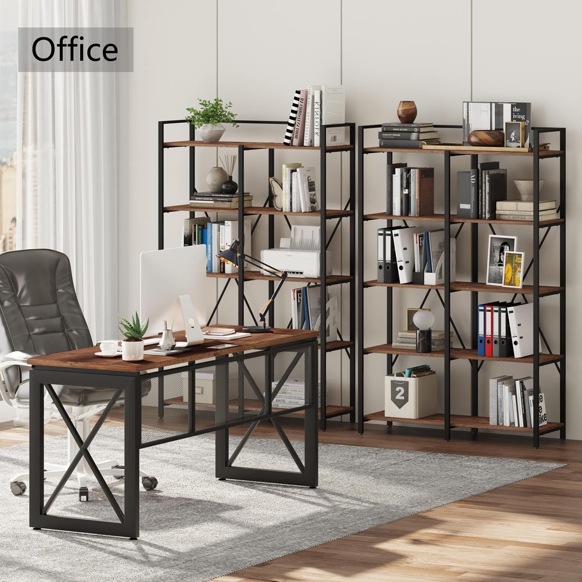 BON AUGURE Industrial Bookshelf, Bookcases and Bookshelves Etagere, Tall Large Farmhouse Book Shelves, 5 Tier Open Bookcase, Wood Metal Shelving Unit for Bedroom, Office (Rustic Oak) BON AUGURE