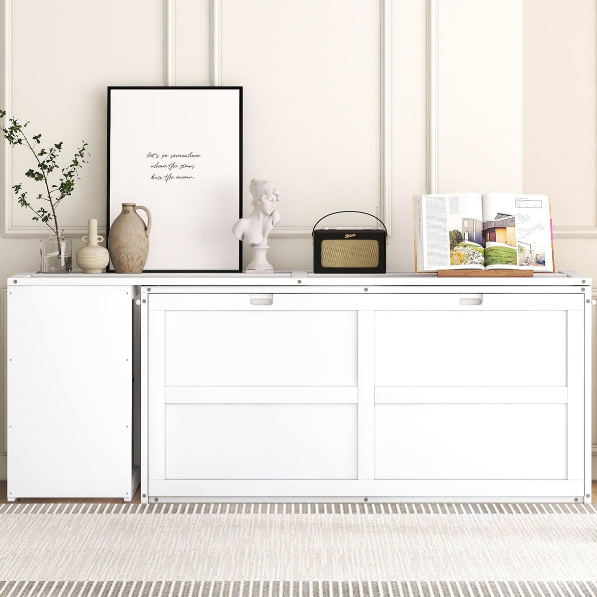 Queen Size Murphy Bed with Rotatable Desk, 3 in 1 Floor Bed Frame with Cabinet & Workstation Murphy Bed Cabinet Bed Murphy Bed Queen Hidden Murphy beds Murphy Cube Cabinet Bed（White） Bellemave