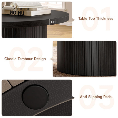 ONBRILL 31.5" Round Coffee Table, Tambour Design Coffee Tables for Living Room, Mid Century Modern Wood Coffee Table, Drum Accent Small Center Table, Black ONBRILL