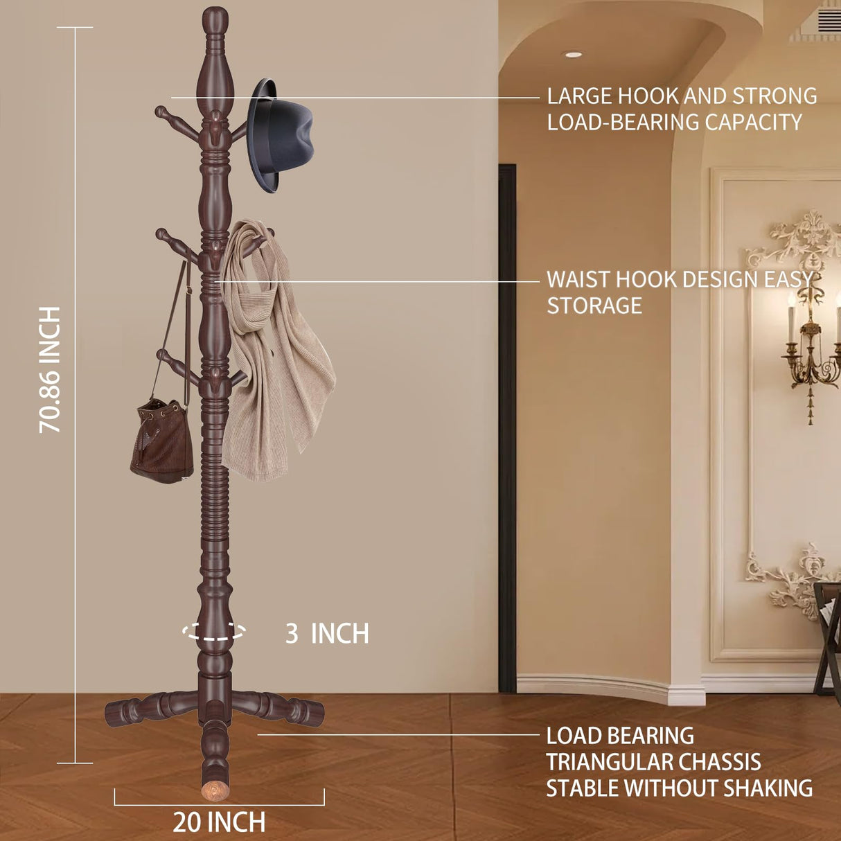 LOZABEE Wooden Coat Rack Stand, Vintage Wood Coat Rack Freestanding with Sturdy Triangle Base,Classic Coat Racks with 9 Hooks, Natural Birch Wood Entryway Coat Hall Tree Hanger Stand LOZABEE