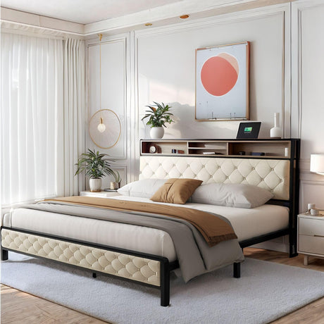 DWVO King Size Bed Frame with Charging Station, Upholstered Platform Bed with Storage Headboard, Metal Slats Supports Mattress Foundation, No Box Spring Required, Beige DWVO