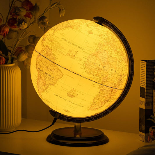 12'' Retro Illuminated World Globe with Wooden Stand, 2-1 Educ & Décor Antique Night Light up Globe Built in LED & HD Printed Map, Antique Illuminated Globe for Adults & Kids, Home Décor, Off - WoodArtSupply