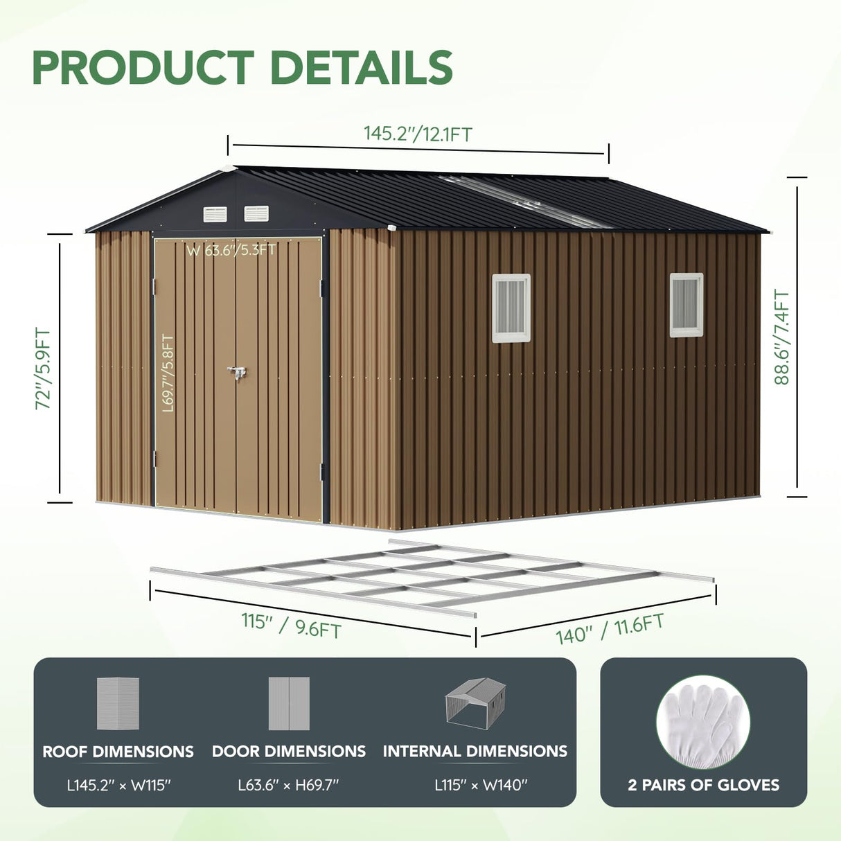 10X12X7.5 FT Outdoor Steel Storage Shed with Lockable Doors, 2 Windows, Transparent Roof Panels, Metal Frame Floor (Wood Panels Not Included), Ideal for Backyard, Patio Storage,Chicken Coop，Brown Mistmo