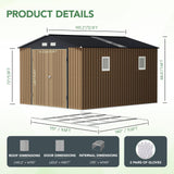 10X12X7.5 FT Outdoor Steel Storage Shed with Lockable Doors, 2 Windows, Transparent Roof Panels, Metal Frame Floor (Wood Panels Not Included), Ideal for Backyard, Patio Storage,Chicken Coop，Brown Mistmo