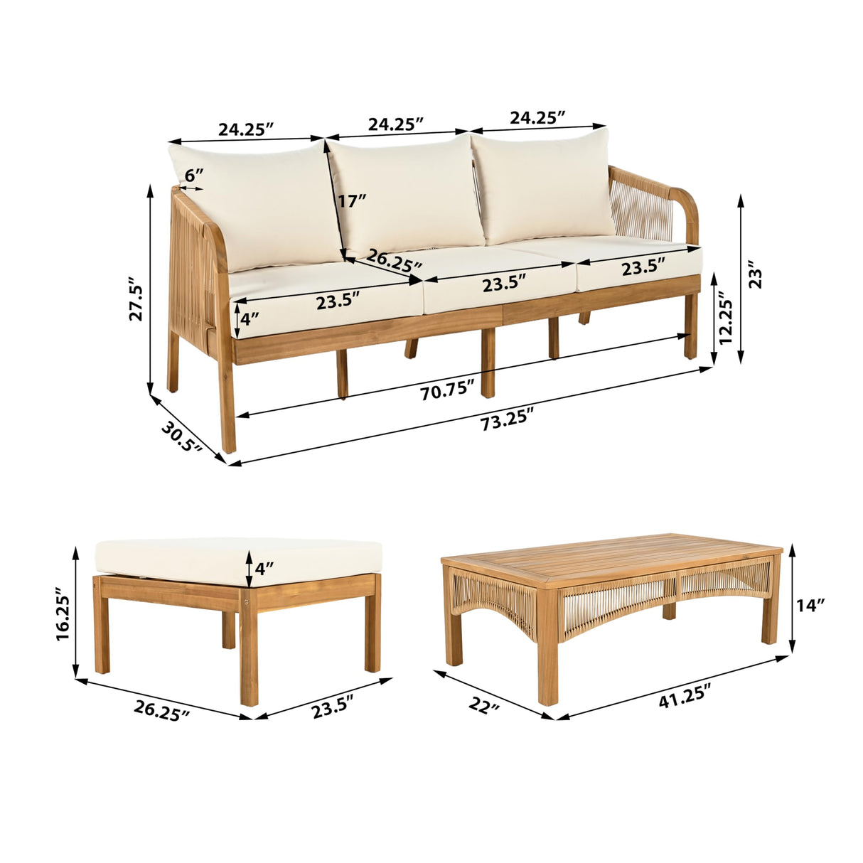 Merax 3-Pieces Outdoor Acacia Wood Patio Conversation Set, Outdoor Furniture Set with Coffee Table, Patio Sectional Sofa Set with Soft Cushion for Garden, Backyard, Balcony, Teak & Beige Merax