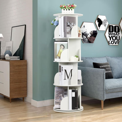 360-Degree Rotating White Bookshelf Tower – 4-Tier Solid Wood Bookcase for Kids and Adults - WoodArtSupply