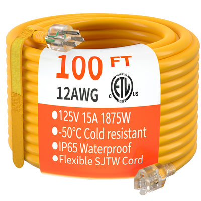 HUANCHAIN 100 ft 12/3 Gauge Heavy Duty Outdoor Extension Cord Waterproof with Lighted, Flexible Cold Weather 3 Prong Electric Cord Outside, 15A 1875W 125V 12AWG SJTW, Yellow, ETL Listed