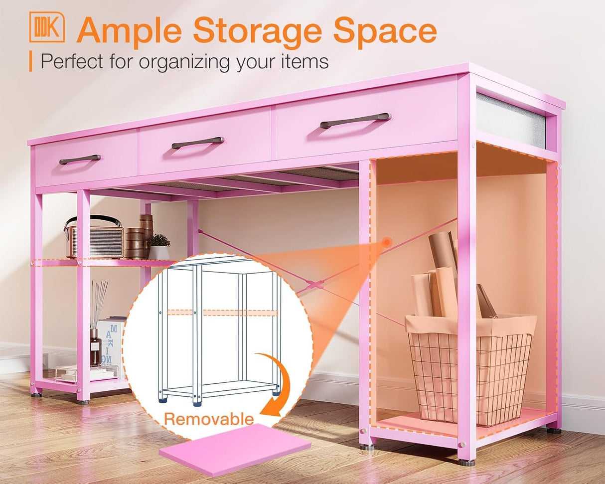 ODK Vanity Desk with Fabric Drawers & Storage Shelves, Makeup Dressing Table, Home Office Desks for Bedroom, Modern Simple Writing Desk,Pink, 48"x16" (No Mirror ODK