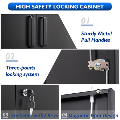 AFAIF Metal Storage Cabinets with Locking Doors&2 Adjustable Shelves, Lockable Steel Office Cabinet, Black Counter Cabinet Small Locking Cabinet Locked Tool Cabinet for Home, Office, Garage, Hallway AFAIF