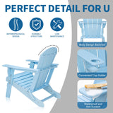 VINGLI Plastic Adirondack Chairs Set of 2, Folding with Cup Holder, Waterproof HDPE Material, Comfortable 380lb Weight Capacity for Outdoor Pool Patio Lounge Chair Lawn Furniture Firepit (Blue) VINGLI